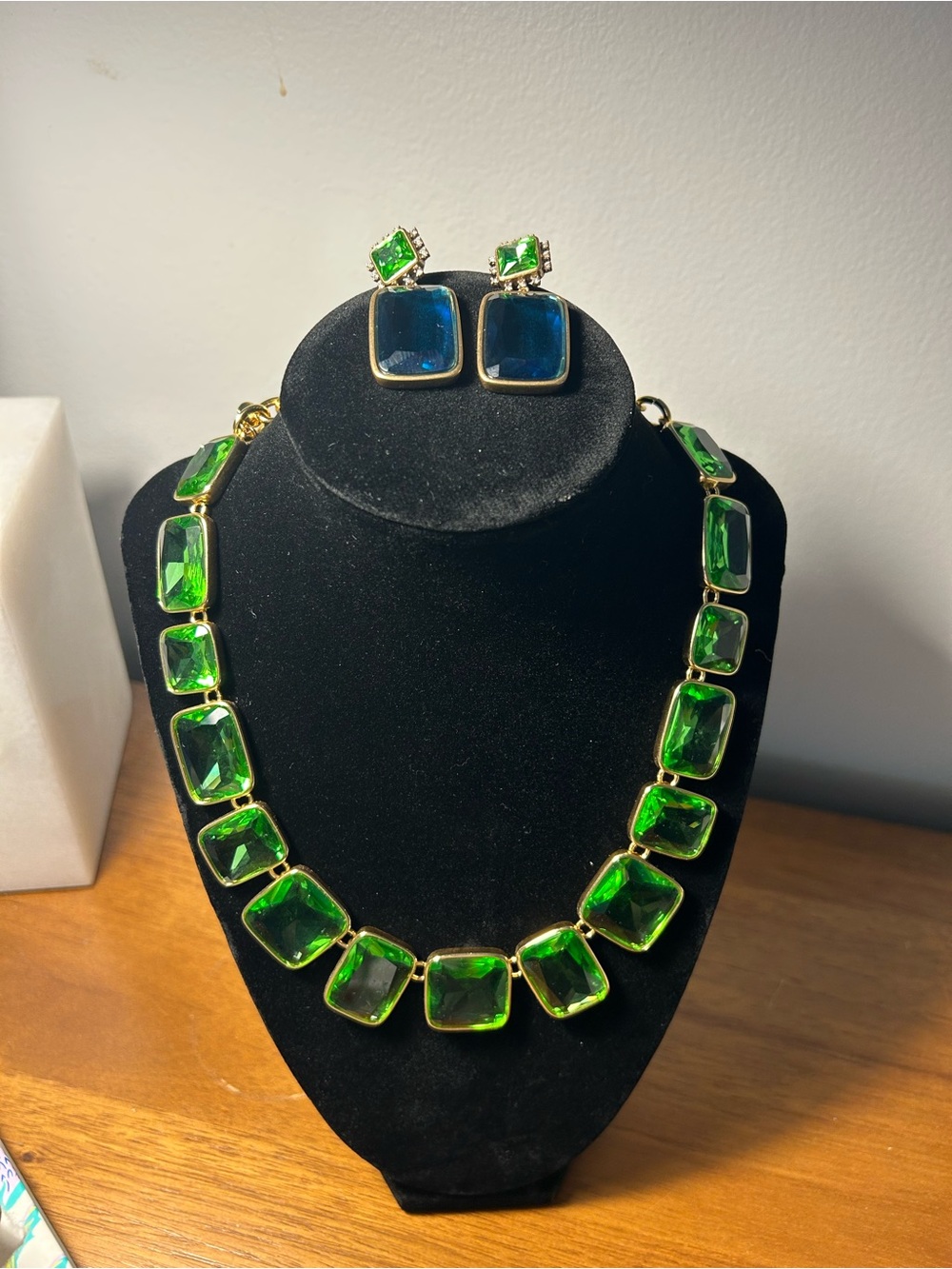 Banana Republic Gold-Tone Green Glass Necklace with Blue and Green Stud Earrings
